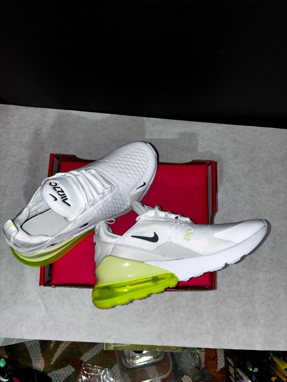 Nike White and Neon Yellow Air Max 270 Sneakers